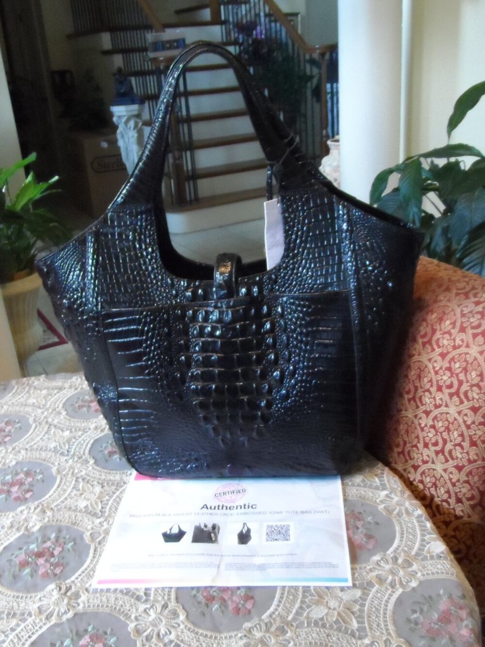 New Brahmin Black Patent Croc Embossed Iona Large Tote Bag - Picture 4 of 16
